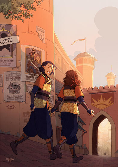 Two characters, full body + detailed background